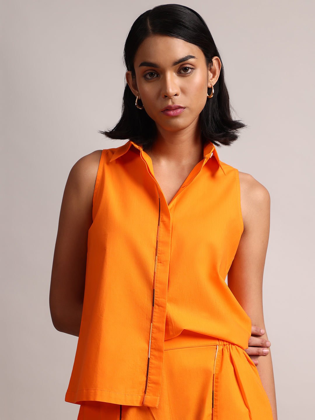 Orange Cotton Solid Shirt Style  Co-Ord Set