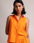 Orange Cotton Solid Shirt Style  Co-Ord Set