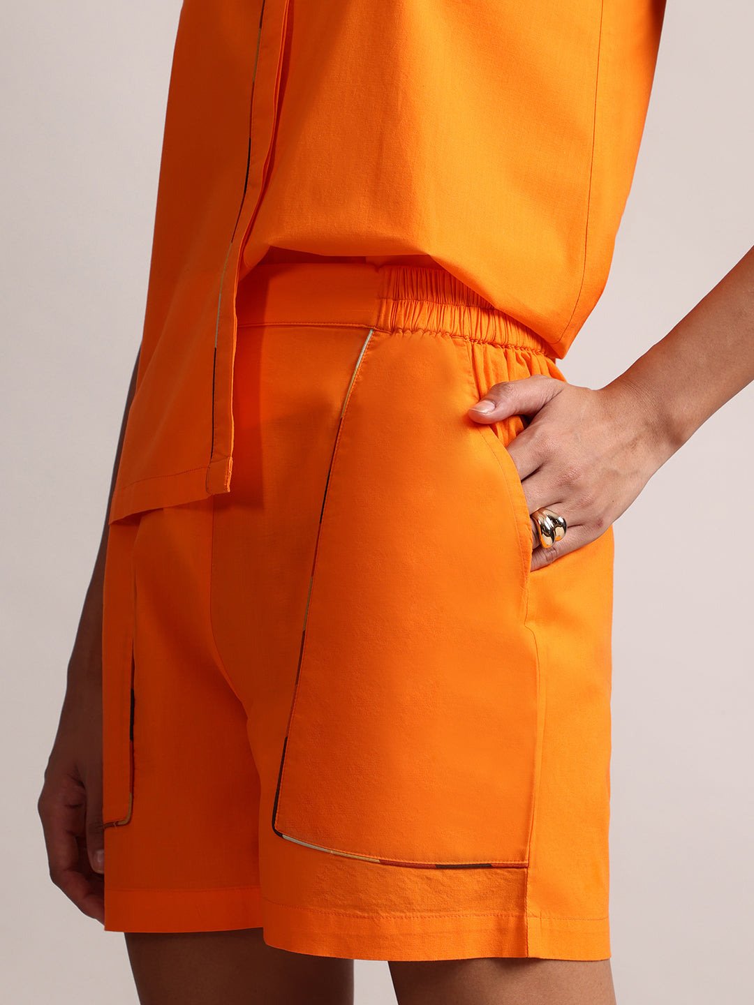 Orange Cotton Solid Shirt Style  Co-Ord Set