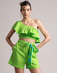 Lime Green Cotton Solid One Shoulder Co-Ord Set