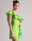 Lime Green Cotton Solid One Shoulder Co-Ord Set