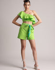 Lime Green Cotton Solid One Shoulder Co-Ord Set