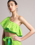 Lime Green Cotton Solid One Shoulder Co-Ord Set