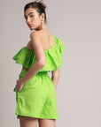 Lime Green Cotton Solid One Shoulder Co-Ord Set