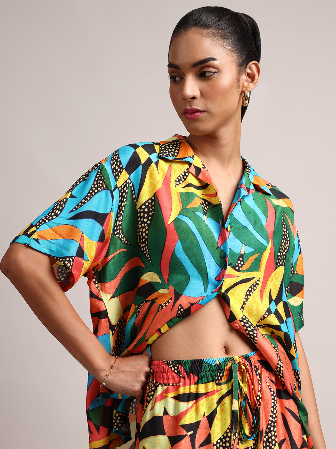 Multicoloured Muslin Tropical Shirt Styles Co-ords Set