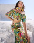 Green Muslin Tropical Ruffles Asymmetric Co-Ord Set