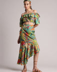 Green Muslin Tropical Ruffles Asymmetric Co-Ord Set