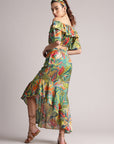 Green Muslin Tropical Ruffles Asymmetric Co-Ord Set