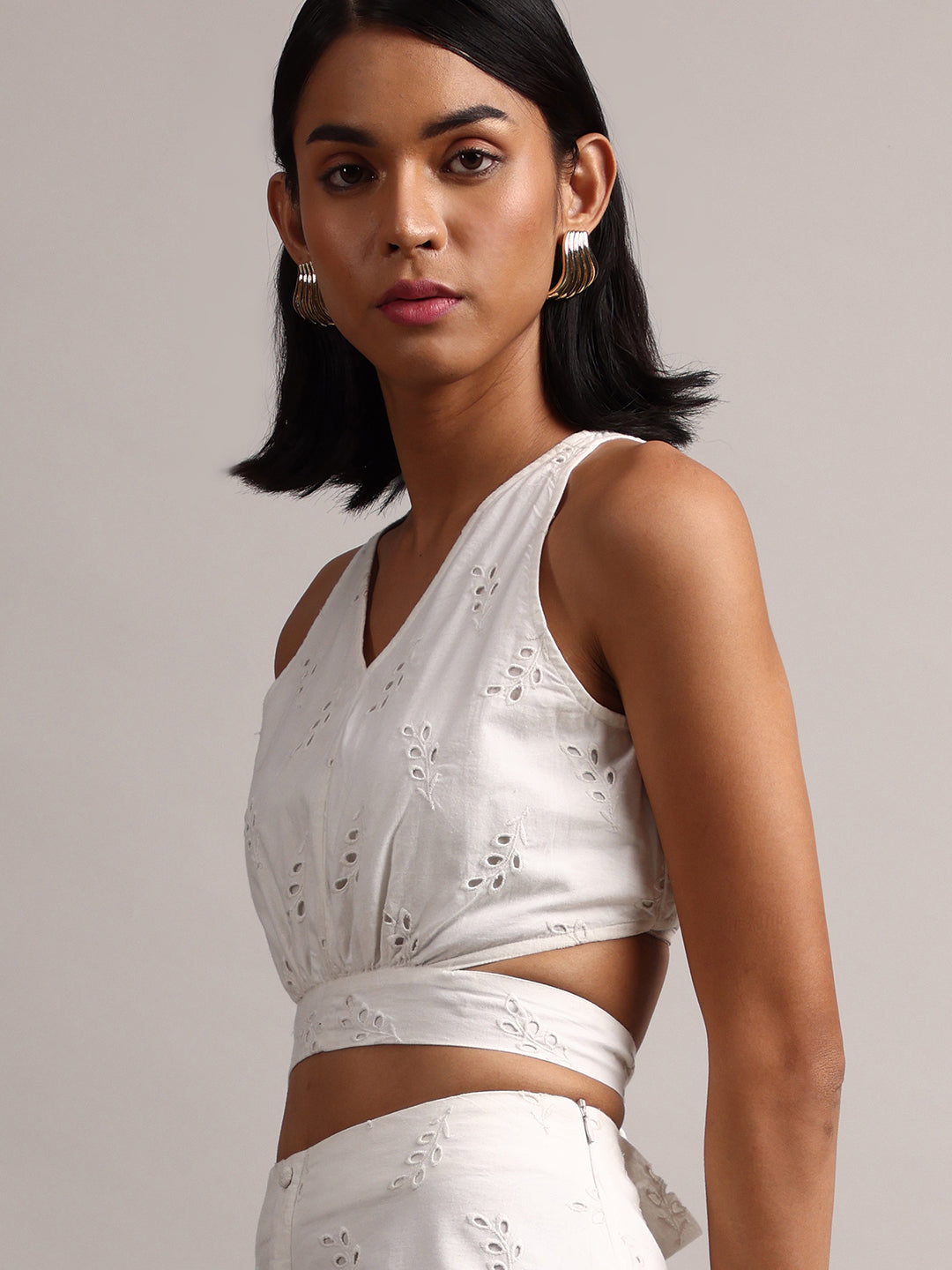 White Cotton Schiffli Embroidered Blouson Co-Ord Set