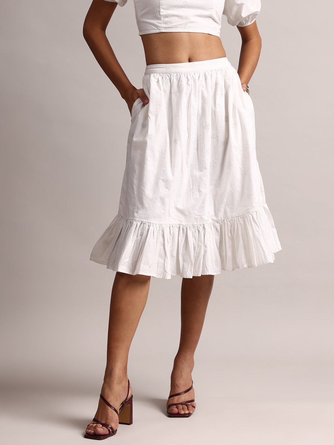 White Cotton Schiffli Fit &amp; Flare Skirt Top Set