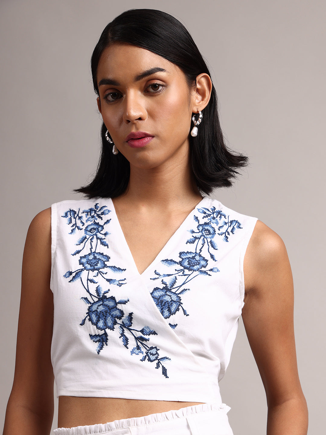 White Cotton Embroidered Wrap Back Tie-Up Co-Ord Set