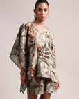 Grey Cotton Linen Floral Kaftan Co-Ord Set