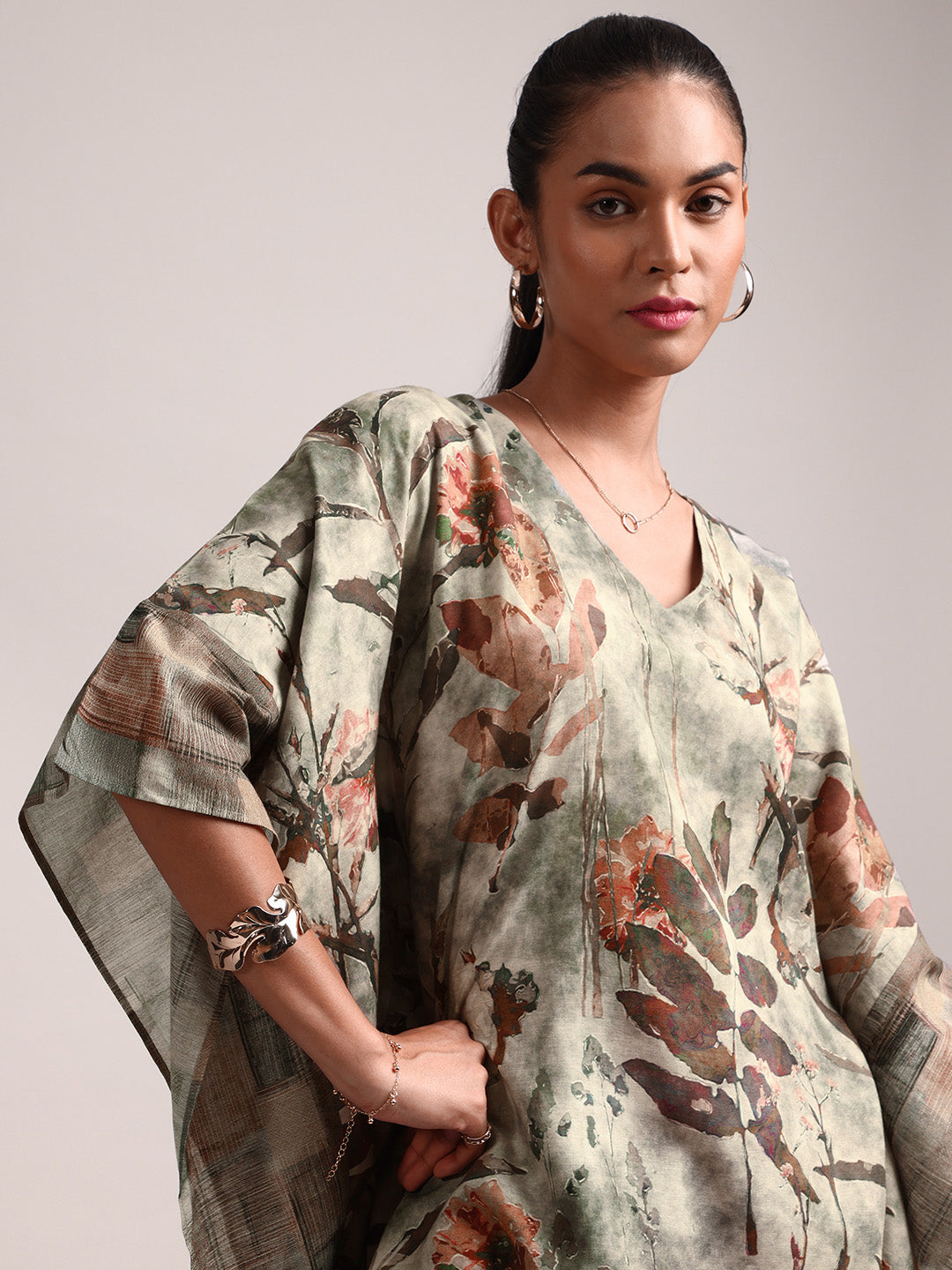 Grey Cotton Linen Floral Kaftan Co-Ord Set