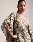 Grey Cotton Linen Floral Kaftan Co-Ord Set