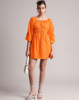 Orange Poplin Solid Fit & Flare Dress