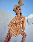 Yellow Cotton Striped Shirt Style Front Tie-Up Dress