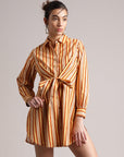 Yellow Cotton Striped Shirt Style Front Tie-Up Dress