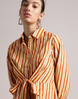 Yellow Cotton Striped Shirt Style Front Tie-Up Dress