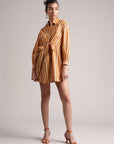 Yellow Cotton Striped Shirt Style Front Tie-Up Dress