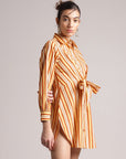 Yellow Cotton Striped Shirt Style Front Tie-Up Dress