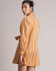 Yellow Cotton Striped Shirt Style Front Tie-Up Dress