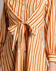 Yellow Cotton Striped Shirt Style Front Tie-Up Dress