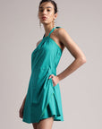 Aqua Solid Halter Neck Tie-Up Wrap Dress