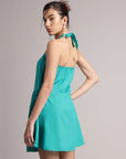 Aqua Solid Halter Neck Tie-Up Wrap Dress