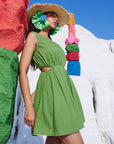 Green Cotton Solid Front Side Cut-Out Dress