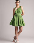 Green Cotton Solid Front Side Cut-Out Dress