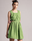 Green Cotton Solid Front Side Cut-Out Dress