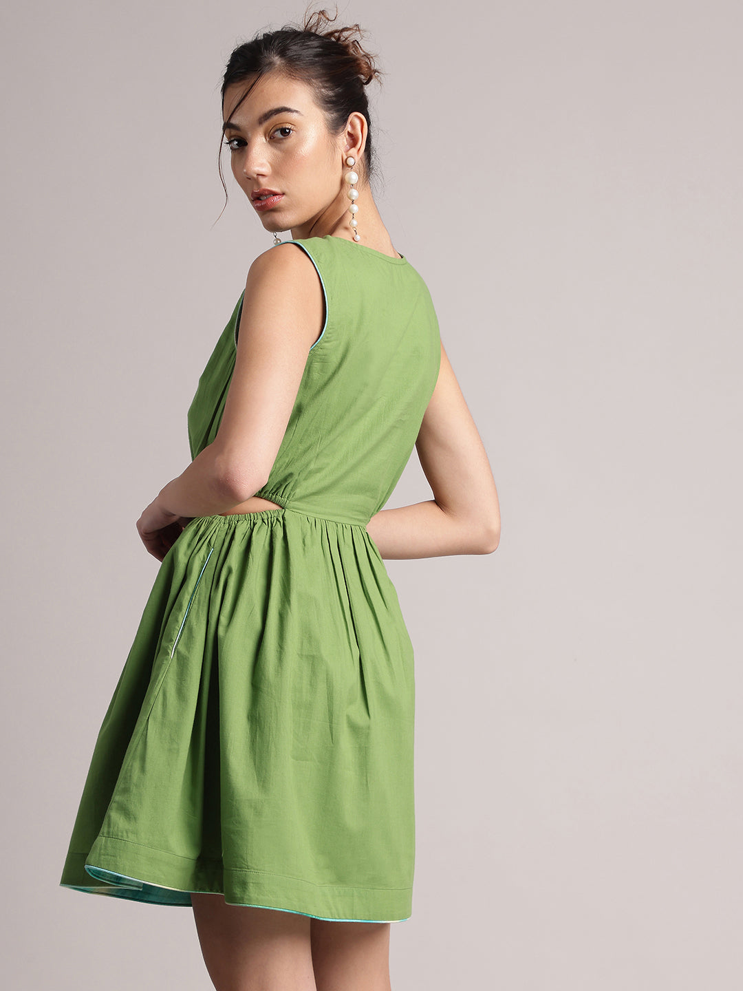 Green Cotton Solid Front Side Cut-Out Dress