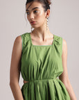 Green Cotton Solid Front Side Cut-Out Dress