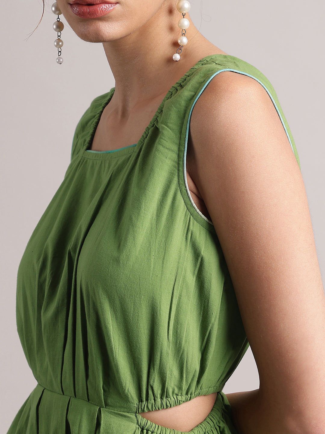 Green Cotton Solid Front Side Cut-Out Dress