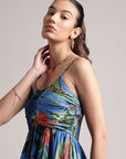 Blue Muslin Tropical Fit & Flare Dress