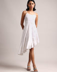 White Cotton Schiffli Asymmetric Dress