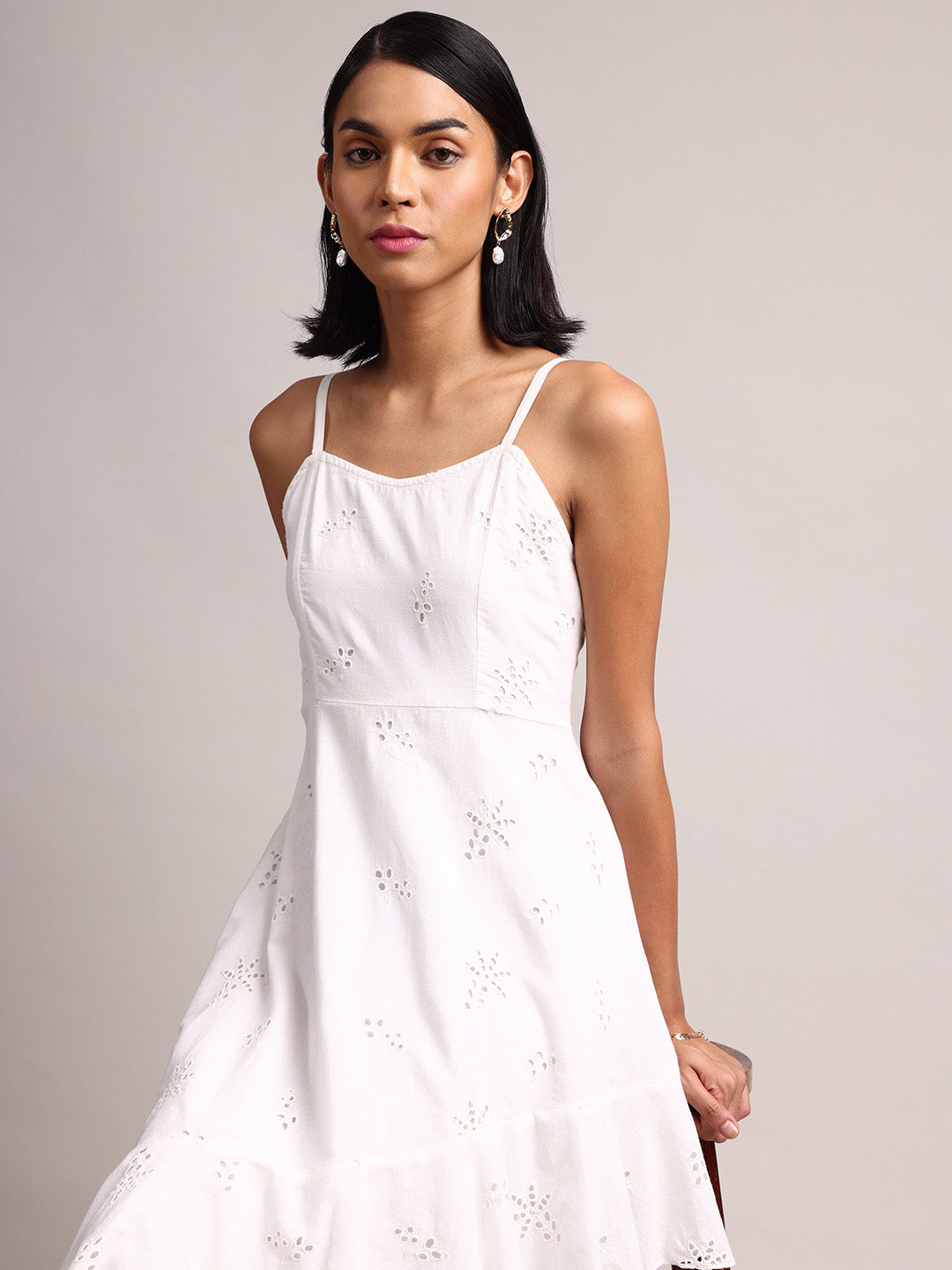 White Cotton Schiffli Asymmetric Dress