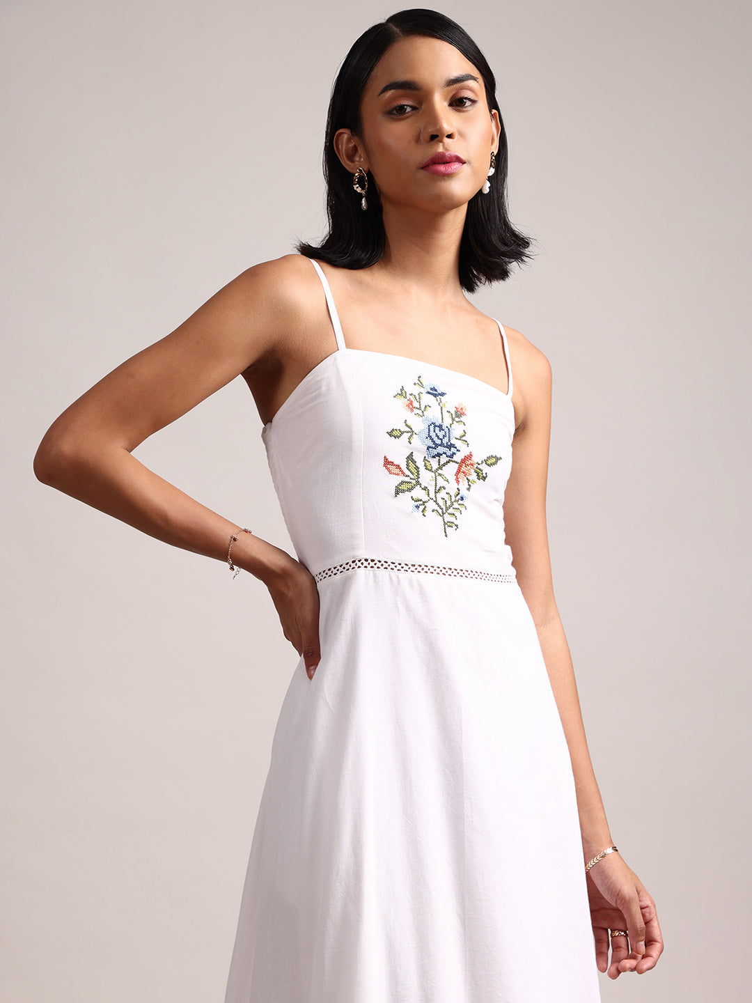 White Cotton Embroidered Fit &amp; Flare Dress