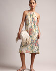 Yellow Cotton Linen Floral Printed A-Line Dress