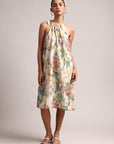 Yellow Cotton Linen Floral Printed A-Line Dress