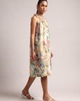 Yellow Cotton Linen Floral Printed A-Line Dress