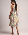 Yellow Cotton Linen Floral Printed A-Line Dress