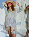 Blue Cotton Linen Floral Printed Shirt Dress