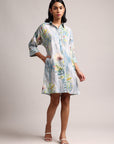 Blue Cotton Linen Floral Printed Shirt Dress