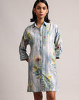 Blue Cotton Linen Floral Printed Shirt Dress