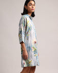 Blue Cotton Linen Floral Printed Shirt Dress