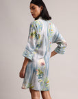 Blue Cotton Linen Floral Printed Shirt Dress