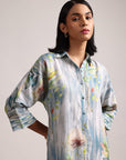 Blue Cotton Linen Floral Printed Shirt Dress