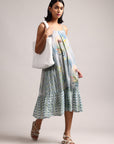 Blue Cotton Linen Tropical Tiered Dress