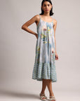 Blue Cotton Linen Tropical Tiered Dress